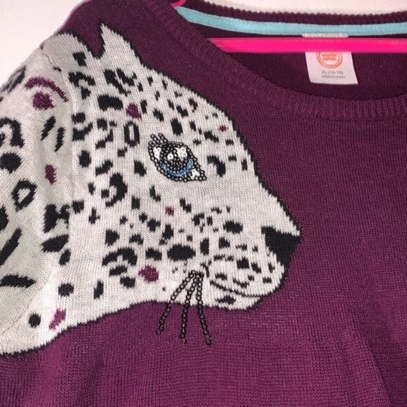Leopard Print Color Block Knit Sweater Xl Burgundy Purple White Animal Print - Picture 4 of 8